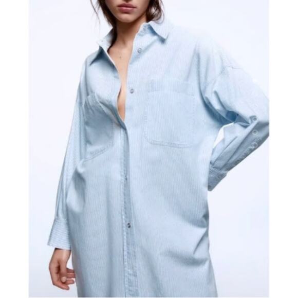 Zara Blue Stripe Oversized Oxford Shirt Dress Size Small - Picture 2 of 9